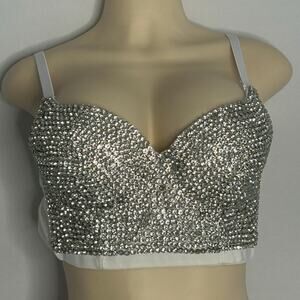 Rhinestone Bustier Bra Top 36D Silver Sparkly Glam Festival Rave Y2K